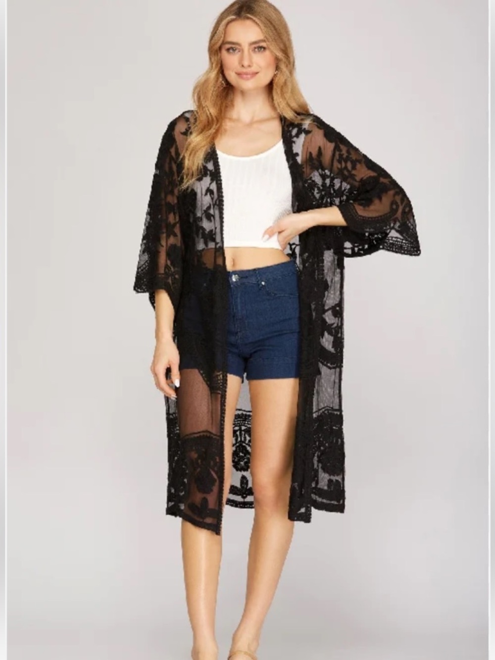 She + Sky Black Floral Embroidered Mesh Kimono size M/L
